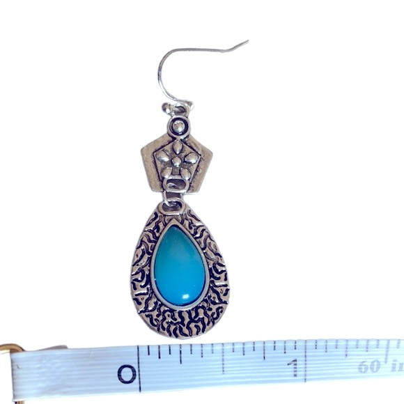 Flower Pattern Water Drop Shape Inlaid Synthetic Gemstone Dangle Earrings Retro - Picture 8 of 11